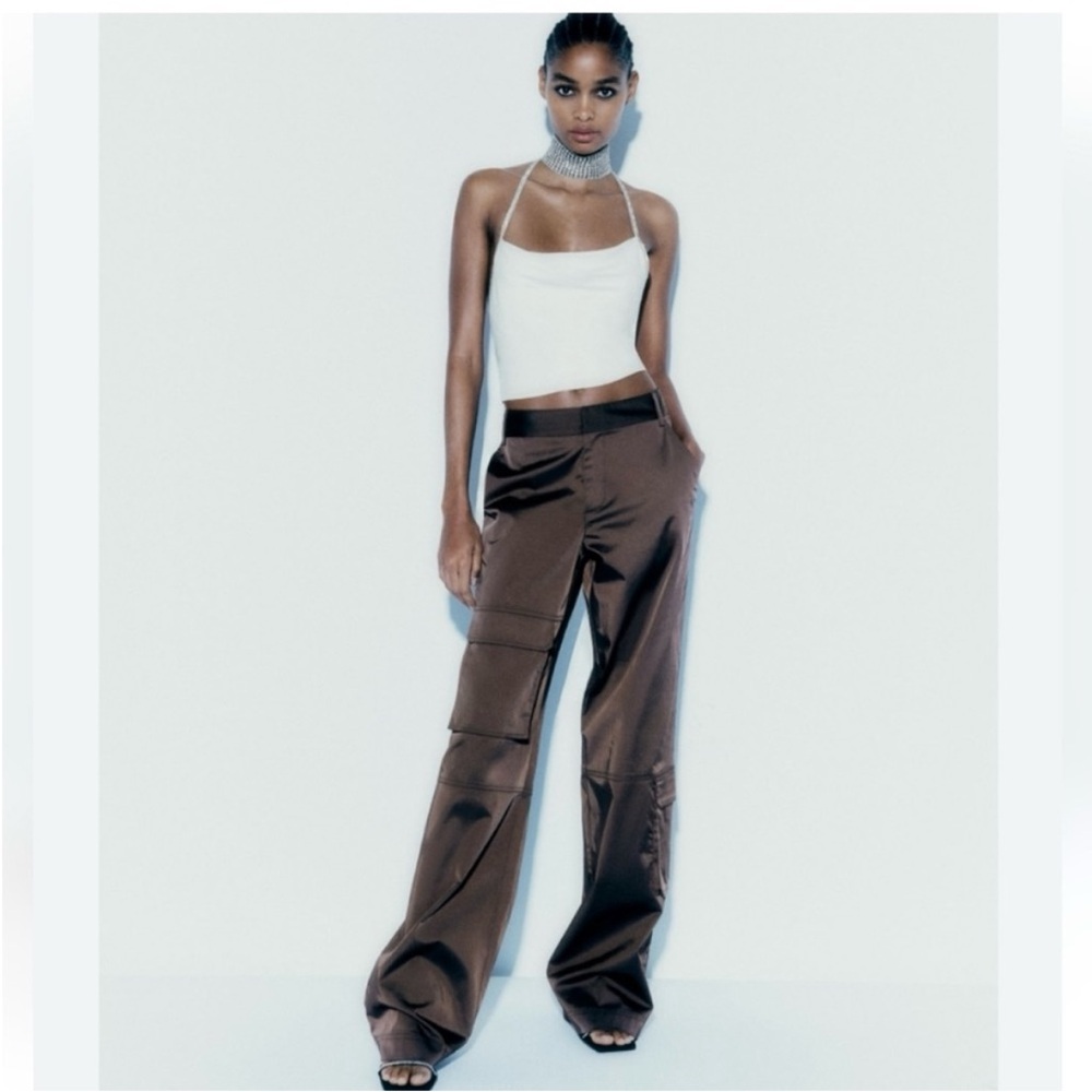 Zara Women's Brown Satin Wide-Leg Pants large